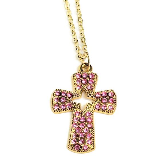 Pink Pave Crystal Cross Necklace - Picture 7 of 14